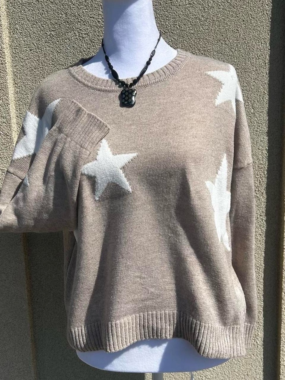 Sweet Romeo Taupe Star Crewneck Sweater with White Stars